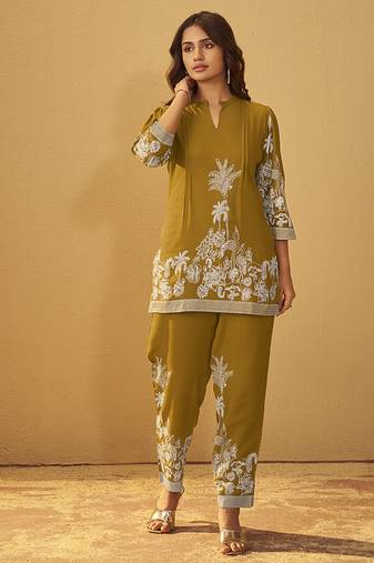 Mustard printred rayon co-ord set