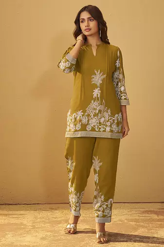 Mustard printred rayon co-ord set