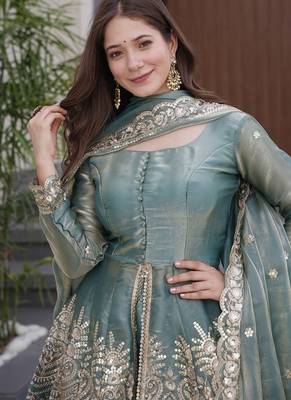 Sea green satin with embroidered mirror work palazzo set 4
