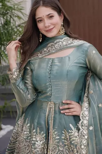 Sea green satin with embroidered mirror work palazzo set