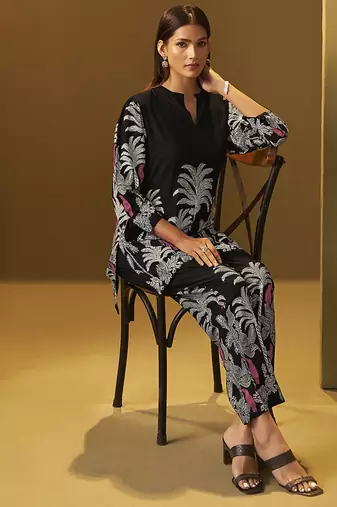 Black floral printed rayon co-ord set