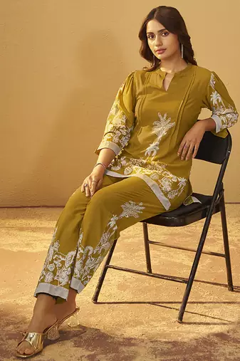 Mustard printred rayon co-ord set