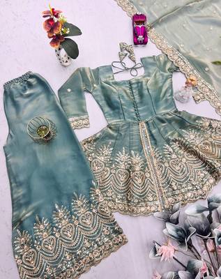 Sea green satin with embroidered mirror work palazzo set 5
