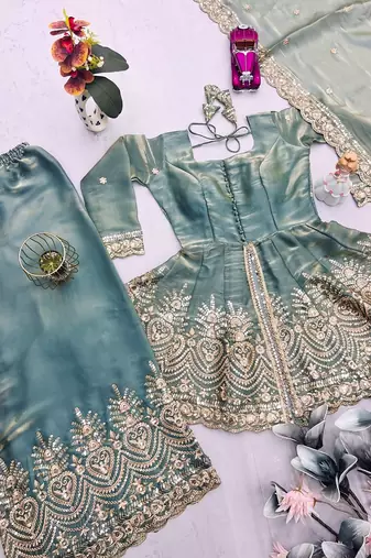 Sea green satin with embroidered mirror work palazzo set