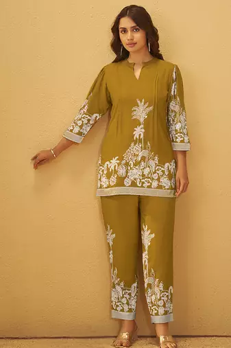 Mustard printred rayon co-ord set