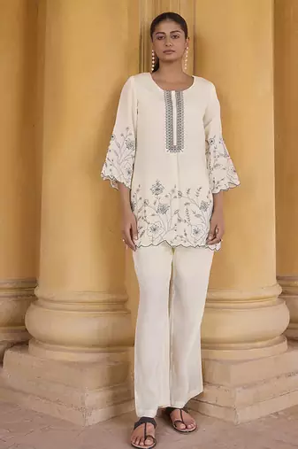 Off-white embroidered roman silk co-ord set