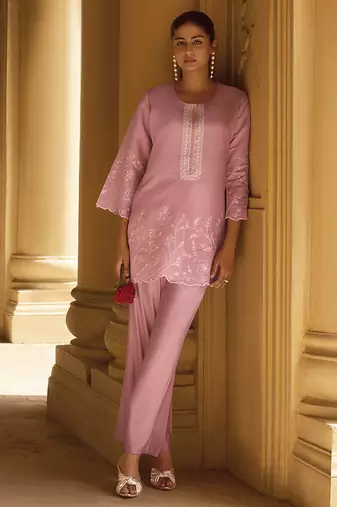 Light pink embroidered roman silk co-ord set