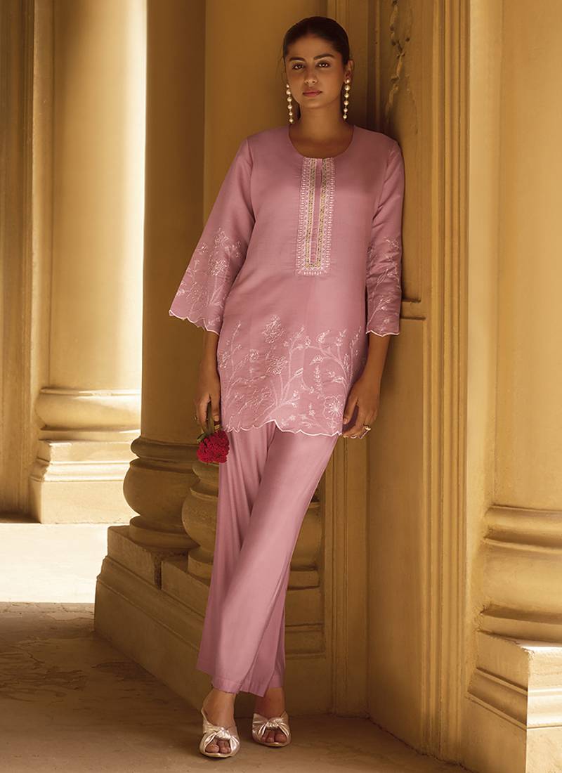 Light pink embroidered roman silk co-ord set