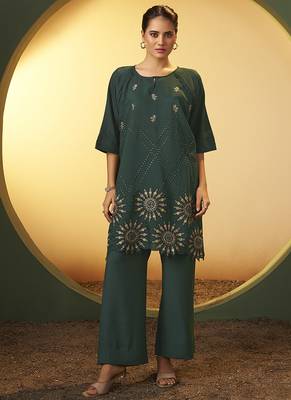 Green embroidered roman silk co-ord set 1