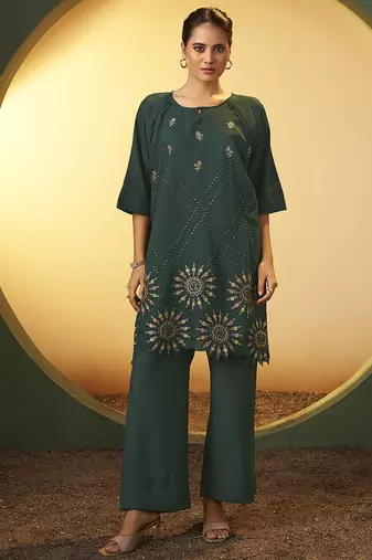 Green embroidered roman silk co-ord set