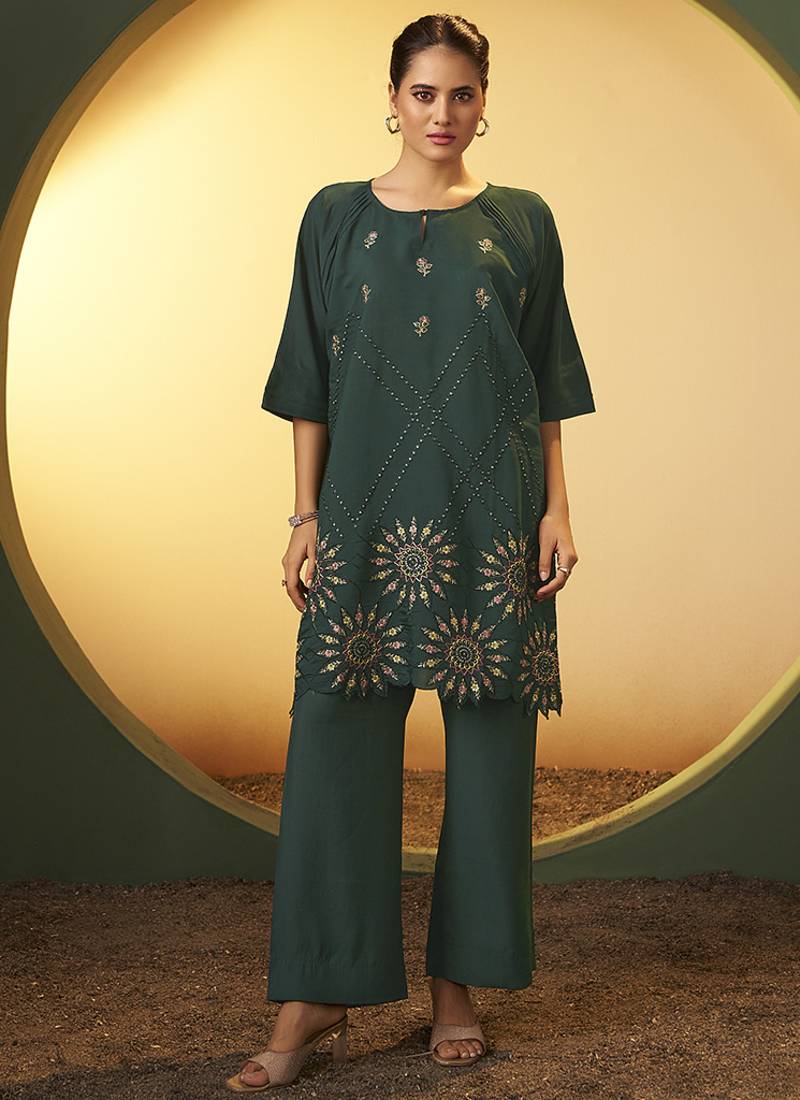 Green embroidered roman silk co-ord set