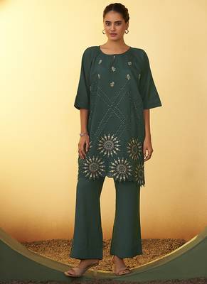 Green embroidered roman silk co-ord set 3