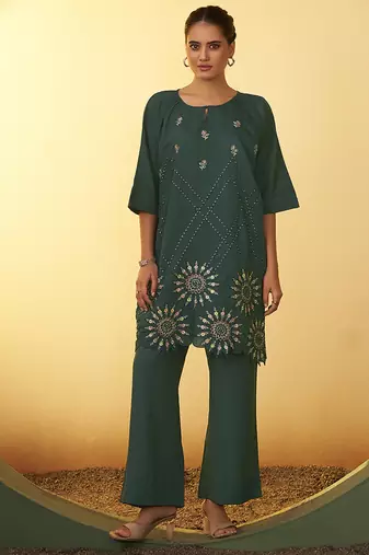 Green embroidered roman silk co-ord set