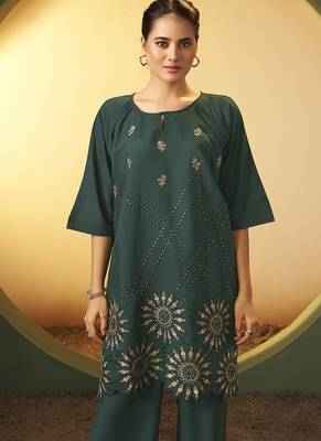 Green embroidered roman silk co-ord set 4