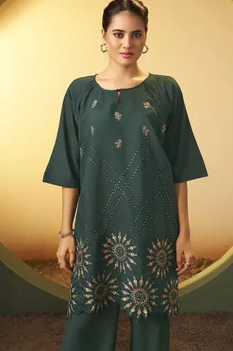 Green embroidered roman silk co-ord set