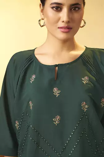 Green embroidered roman silk co-ord set