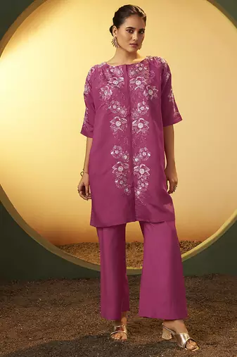 Light pink embroidered roman silk co-ord set