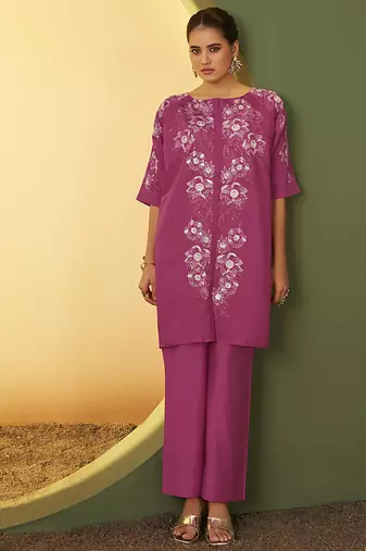 Light pink embroidered roman silk co-ord set
