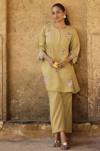 Yellow embroidered roman silk co-ord set