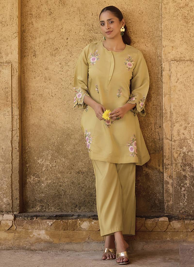 Yellow embroidered roman silk co-ord set