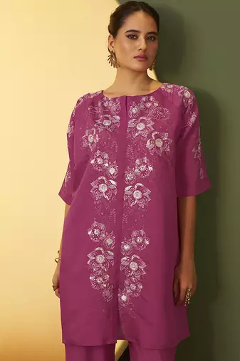 Light pink embroidered roman silk co-ord set