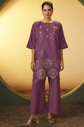 Dusty pink embroidered roman silk co-ord set