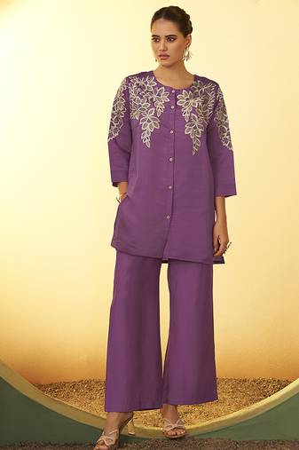 Purple embroidered roman silk co-ord set