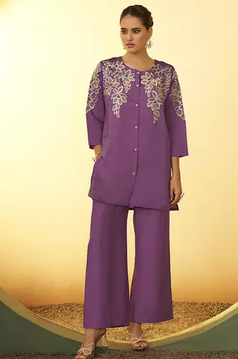 Purple embroidered roman silk co-ord set