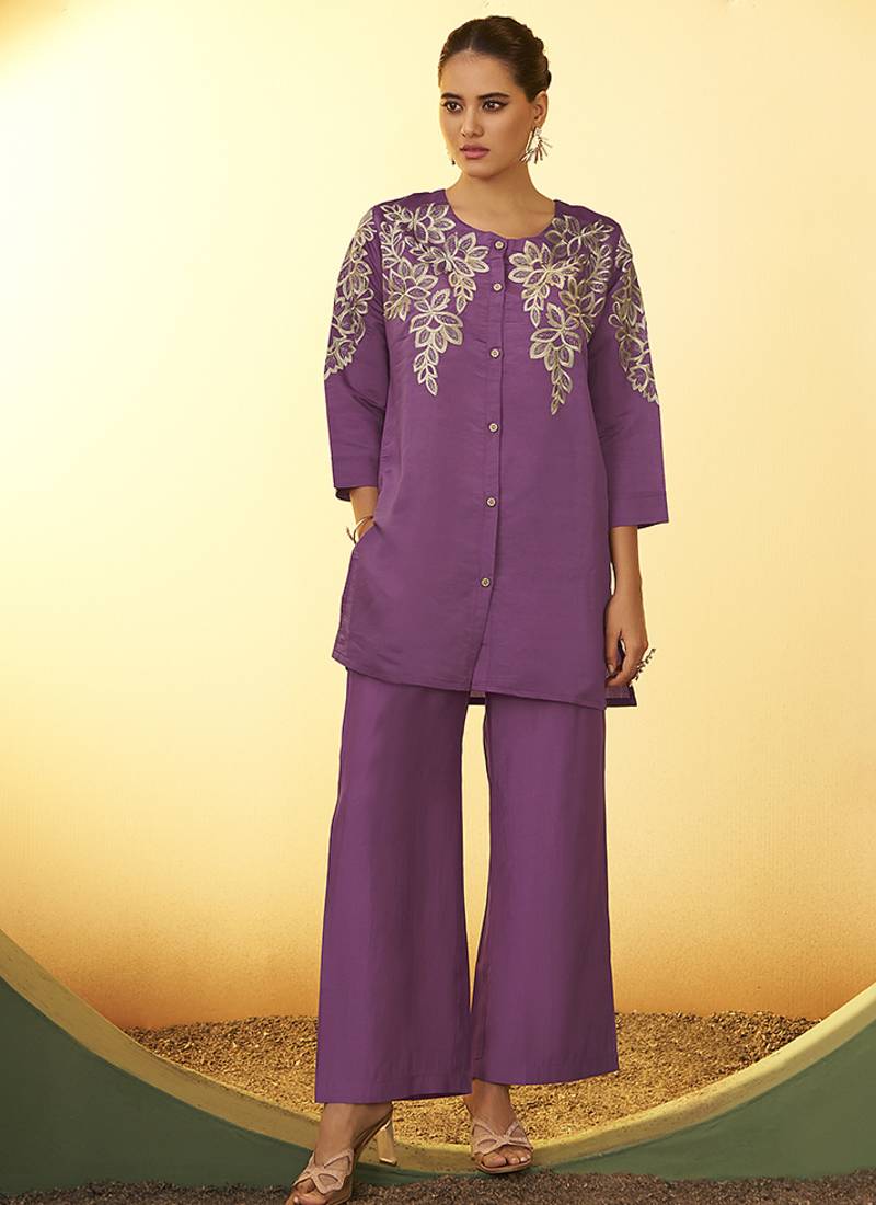 Purple embroidered roman silk co-ord set
