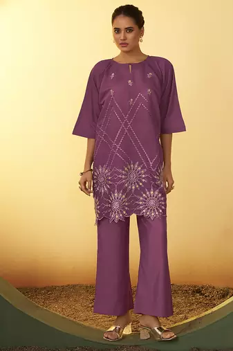 Dusty pink embroidered roman silk co-ord set