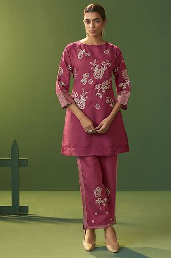 Bright pink embroidered roman silk co-ord set