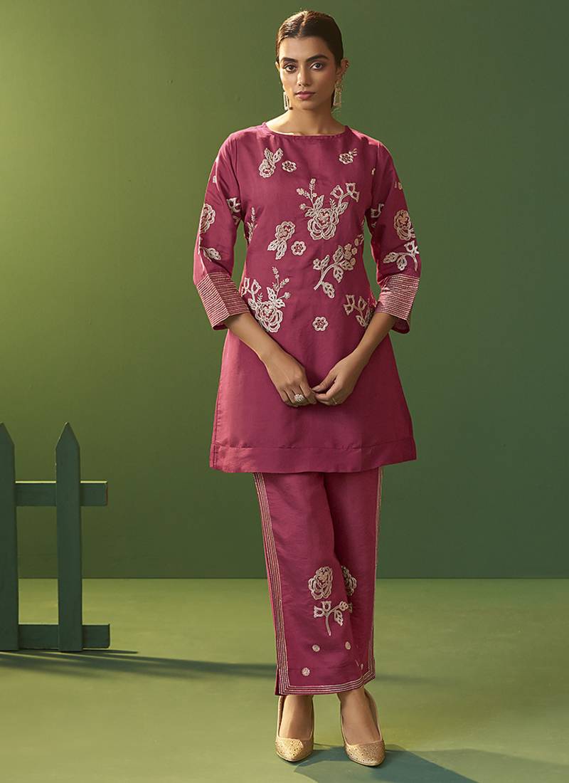 Bright pink embroidered roman silk co-ord set