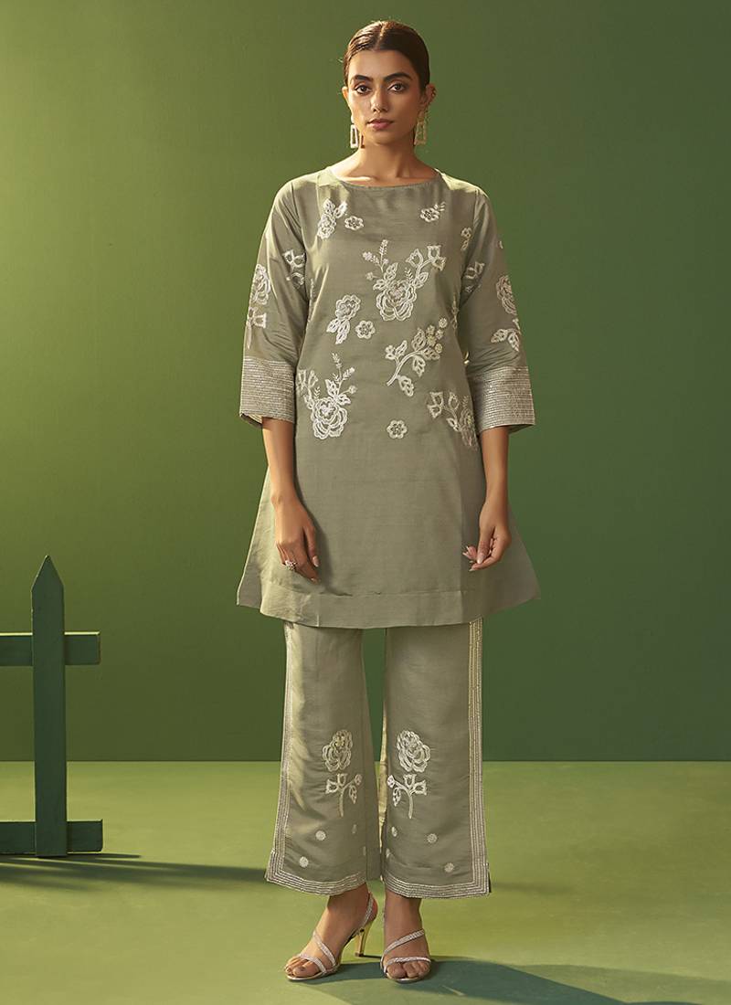 Grey embroidered roman silk co-ord set
