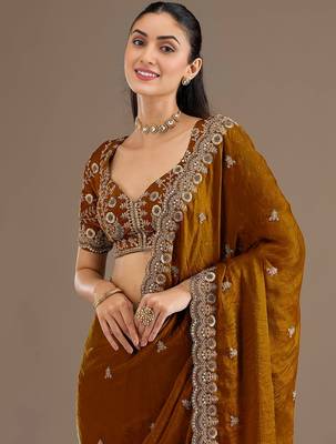 Awesome Golden Embroidered Tissue Silk Party Wear Saree With Blouse 6