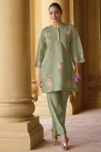 Green embroidered roman silk co-ord set