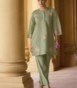 Green embroidered roman silk co-ord set