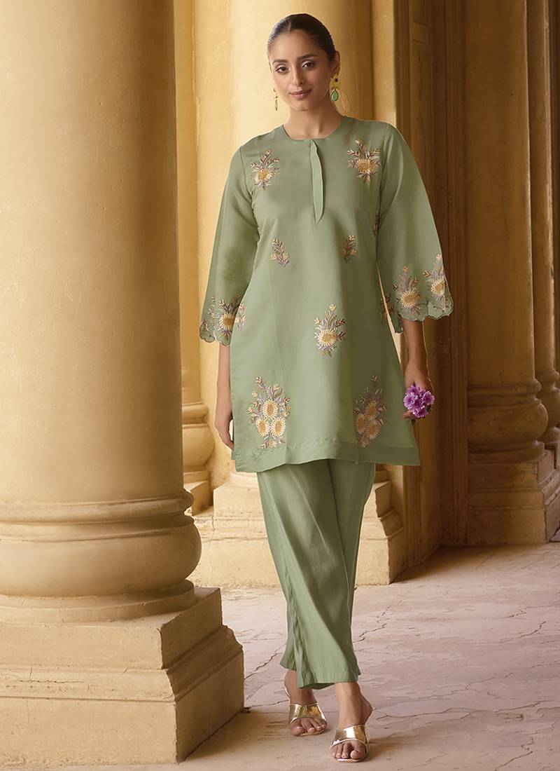 Green embroidered roman silk co-ord set