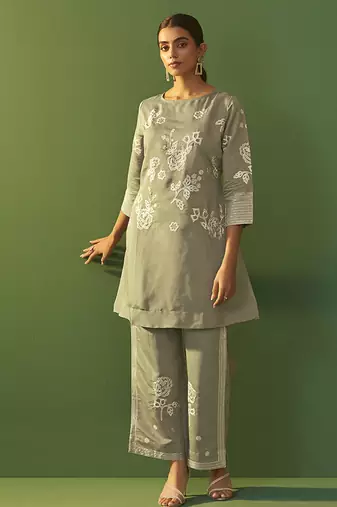Grey embroidered roman silk co-ord set