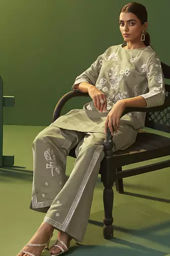 Grey embroidered roman silk co-ord set