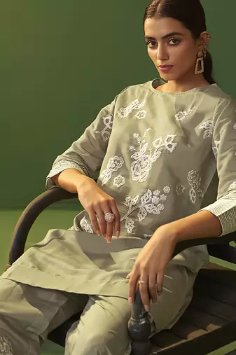 Grey embroidered roman silk co-ord set