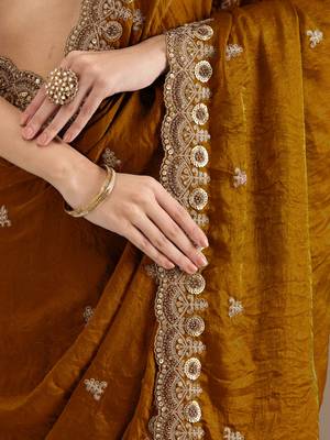 Awesome Golden Embroidered Tissue Silk Party Wear Saree With Blouse 7