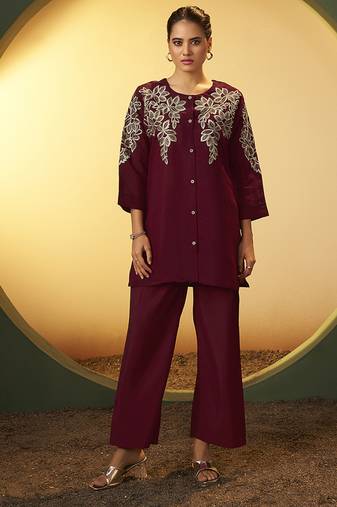 Maroon embroidered roman silk co-ord set