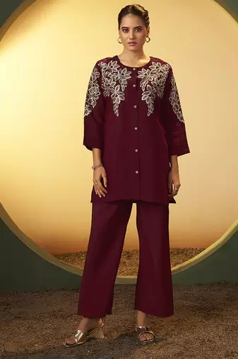 Maroon embroidered roman silk co-ord set
