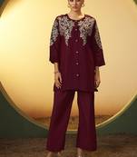 Maroon embroidered roman silk co-ord set