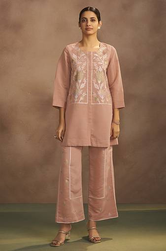 Peach embroidered roman silk co-ord set