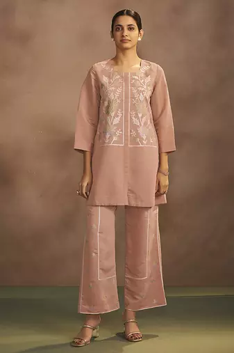 Peach embroidered roman silk co-ord set