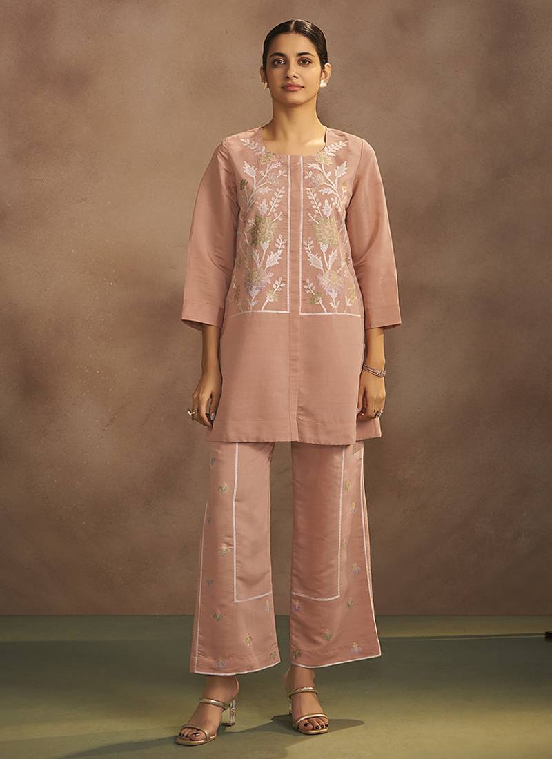 Peach embroidered roman silk co-ord set