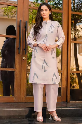 Cream printred cotton blend co-ord set