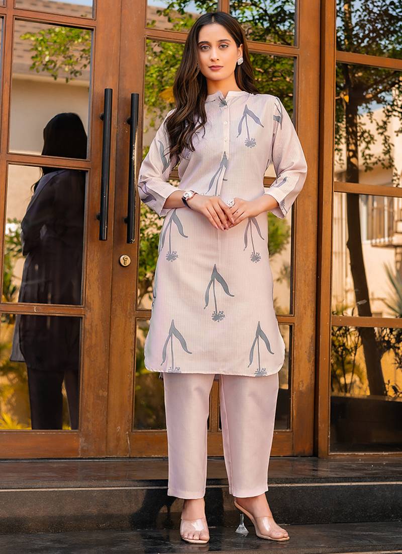 Cream printred cotton blend co-ord set