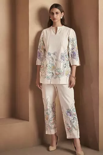 White floral printed pure cotton co-ord set